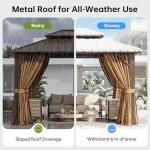 Breezestival 10x12FT Hardtop Gazebo, Metal Frame with Double Galvanized Steel Roof, Permanent Outdoor Pergola with Curtains and Netting Included for Backyard, Patio, Lawn and Garden, Brown
