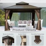 Domi 12' x 12' Hardtop Gazebo Permanent Metal Gazebo with Galvanized Steel Double Roof, Curtains and Netting for Party, Wedding, Outdoor Dining, Patio, Backyard, Brown