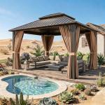 Breezestival 12x12FT Hardtop Gazebo, Metal Frame with Double Galvanized Steel Roof, Permanent Outdoor Pergola with Curtains and Netting Included for Backyard, Patio, Lawn and Garden, Brown