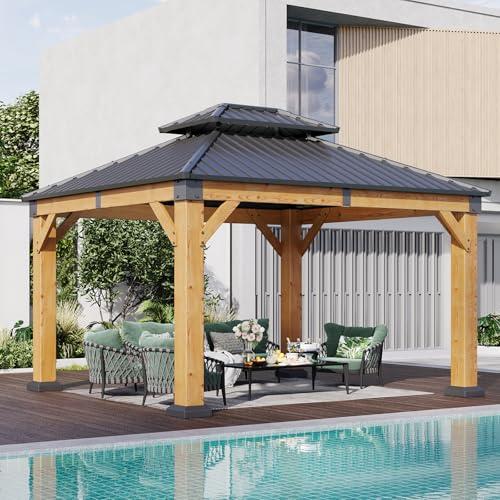 Aoxun 10' x 12' Outdoor Wood Gazebo, Hardtop Gazebo Permanent Wooden Pavilion with Galvanized Steel Double Roof, for Patio, Garden, Deck, Cedar Wood, Natural