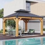 Aoxun 10' x 12' Outdoor Wood Gazebo, Hardtop Gazebo Permanent Wooden Pavilion with Galvanized Steel Double Roof, for Patio, Garden, Deck, Cedar Wood, Natural