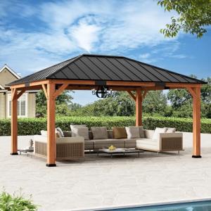 Modern Shade Tranquil Grove Wood Gazebo 12' x 16', Hardtop Gazebo Permanent with Galvanized Steel Roof, Cedar Outdoor Gazebo with Sturdy Hooks for Garden, Backyard, Patio and Deck
