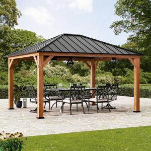 Modern Shade Tranquil Grove Wood Gazebo 12' x 14', Hardtop Gazebo Permanent with Galvanized Steel Roof, Cedar Outdoor Gazebo with Sturdy Hooks for Garden, Backyard, Patio and Deck