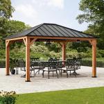 Modern Shade Tranquil Grove Wood Gazebo 12' x 14', Hardtop Gazebo Permanent with Galvanized Steel Roof, Cedar Outdoor Gazebo with Sturdy Hooks for Garden, Backyard, Patio and Deck
