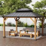 Jocoevol 10' X 12' Wood Gazebo Hardtop Outdoor Permanent Pavilion with Double Galvanized Steel Roof Snow Support, Wind Resistance for Backyard Garden, Lawns, Patio