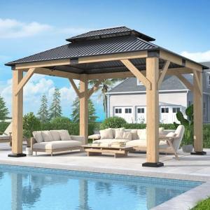 GARTOO 10' x 12' Outdoor Wooden Gazebo - Patio Hardtop Gazebo Permanent Wooden Pavilion with Galvanized Steel Double Roof, Wood Gazebos for Garden, Lawn, Poolside, Backyard Deck