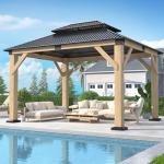 GARTOO 10' x 12' Outdoor Wooden Gazebo - Patio Hardtop Gazebo Permanent Wooden Pavilion with Galvanized Steel Double Roof, Wood Gazebos for Garden, Lawn, Poolside, Backyard Deck
