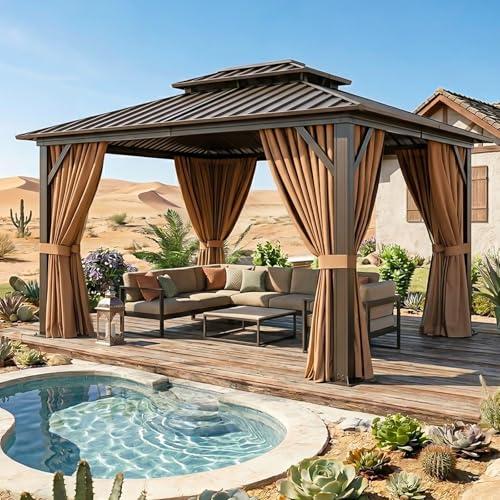 Breezestival 10x12FT Hardtop Gazebo, Metal Frame with Double Galvanized Steel Roof, Permanent Outdoor Pergola with Curtains and Netting Included for Backyard, Patio, Lawn and Garden, Brown