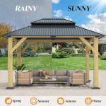 GARTOO 10' x 12' Outdoor Wooden Gazebo - Patio Hardtop Gazebo Permanent Wooden Pavilion with Galvanized Steel Double Roof, Wood Gazebos for Garden, Lawn, Poolside, Backyard Deck