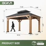 Aoxun 10' x 12' Outdoor Wood Gazebo, Hardtop Gazebo Permanent Wooden Pavilion with Galvanized Steel Double Roof, for Patio, Garden, Deck, Cedar Wood, Natural