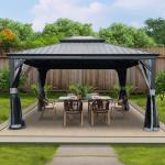 Kozyard Alexander 12' x 14' Hardtop Gazebo, Aluminum Frame with Galvanized Steel Double Roof, Outdoor Permanent Pavilion with Curtains and Netting for Patio, Backyard, Deck, Lawn (Gray)
