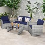 Navy Wicker Outdoor Dining Set with Cushions