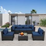 Navy Blue 6-Piece Rattan Patio Sectional Set