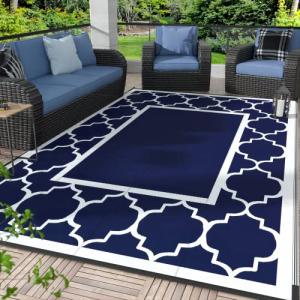 Reversible Waterproof Outdoor Patio Rug - Blue & White