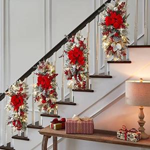 Wreath Prelit Stairway Swag Trim,Christmas Garland with Lights Cordless Prelit Stairs Decoration Holiday Classics Stair Swag Christmas Swag for Stairs Fireplaces Garden (Red)