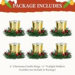 Gold Christmas Candle Holders with Wreath - Set of 6
