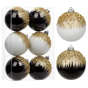 Oairse 8cm Christmas Baubles for Christmas Tree Decorations, 6 pcs White and Black Shatterproof Baubles for Glitter Christmas Tree Balls Ornaments for Xmas Halloween Wedding Party Decoration