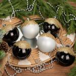Oairse 8cm Christmas Baubles for Christmas Tree Decorations, 6 pcs White and Black Shatterproof Baubles for Glitter Christmas Tree Balls Ornaments for Xmas Halloween Wedding Party Decoration