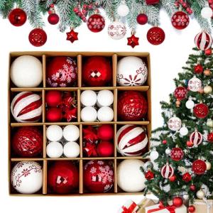 PanAcratis 44 PCS Xmas Ball Decorations Sparkling Baubles Balls, Shatterproof Hanging Ornaments, Red and White, Plastic, Christmas, Traditional