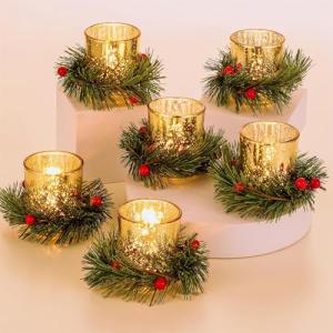 Gold Christmas Candle Holders with Wreath - Set of 6