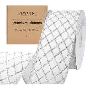 64MM X 9M White Plaid Velvet with Silver pattern Christmas Ribbon with Wired Edge, Ribbon,