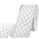 64MM X 9M White Plaid Velvet with Silver pattern Christmas Ribbon with Wired Edge, Ribbon,