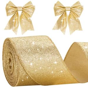 KINGLAKE Gold Wired Glitter Christmas Ribbon , 10 Metres Metallic Wrapping Ribbon for Gift Wrapping, Wreaths, Crafts, Christmas Trees & Weddings - 10m