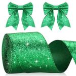 KINGLAKE Green Wired Glitter Christmas Ribbon, 6cm Wide, 10m Long for Gift Wrapping, Decorative Sparkly Metallic Ribbon for Wreaths, Crafts, Christmas Trees & Wedding Decorations