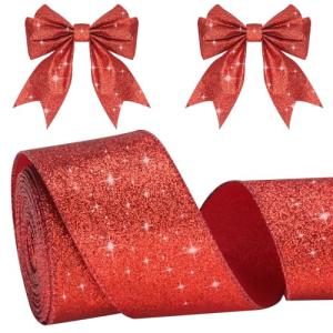 KINGLAKE Red Glitter Christmas Ribbon, 6cm Metallic Wired - 10m Decorative Gift Wrapping Ribbon for Wreath, Crafts, Christmas Tree & Wedding Decorations