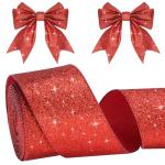 KINGLAKE Red Glitter Christmas Ribbon, 6cm Metallic Wired - 10m Decorative Gift Wrapping Ribbon for Wreath, Crafts, Christmas Tree & Wedding Decorations