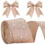 KINGLAKE Rose Gold Wired Glitter Christmas Ribbon, 6cm Metallic Wrapping Ribbon for Gift Wrapping, Wreaths, Crafts, Christmas Tree & Wedding Decorations