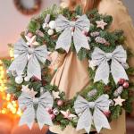 KINGLAKE Silver Wired Glitter Christmas Ribbon, 6cm Metallic Wrapping Ribbon for Gift Wrapping, Wreath, Crafts, Christmas Tree & Wedding Decorations