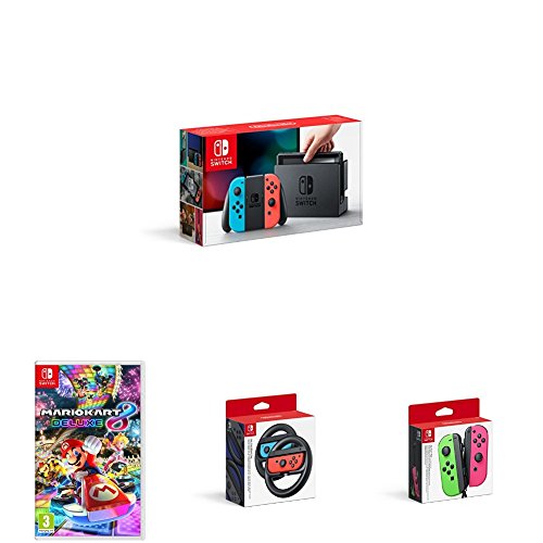 Nintendo Switch Neon Red/Blue Console with Mario Kart 8 Deluxe, extra Joy-Cons and Steering Wheel Accessories