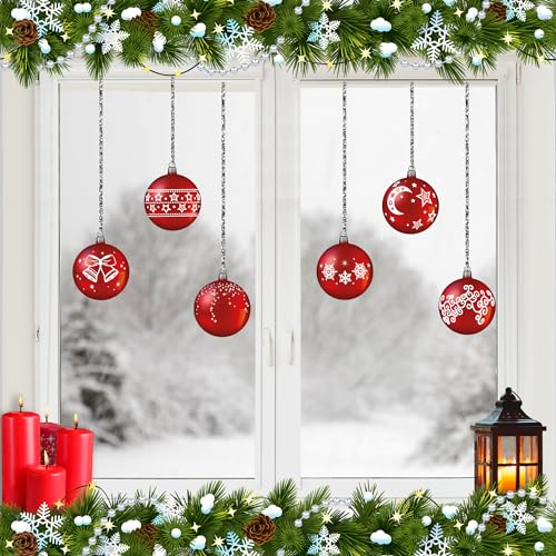 ArtiClings 12 x Bauble Window Clings with Glitter Patterns and Strings Colour = Red