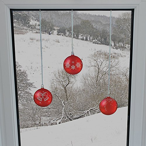 ArtiClings 12 x Bauble Window Clings with Glitter Patterns and Strings Colour = Red