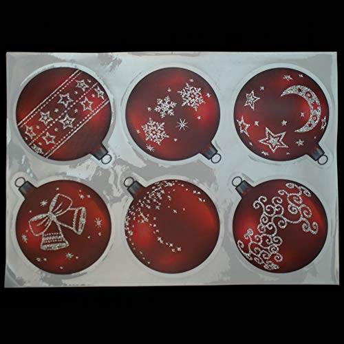 ArtiClings 12 x Bauble Window Clings with Glitter Patterns and Strings Colour = Red