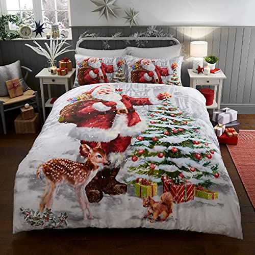 Sleepdown Illustrated Father Christmas Santa Present Reversible Soft Easy Care Duvet Cover Quilt Bedding Set with Pillowcases - Double (200cm x 200cm)