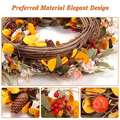 Artificial Fall Wreath, 22 inch Front Door Wreath with Pumpkin Berries Pine Cone and Maple Leaf for Autumn Halloween Thanksgiving Day Front Door Wall Hanging Home Decor