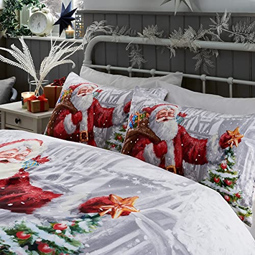 Sleepdown Illustrated Father Christmas Santa Present Reversible Soft Easy Care Duvet Cover Quilt Bedding Set with Pillowcases - Double (200cm x 200cm)