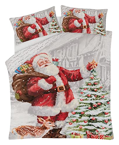 Sleepdown Illustrated Father Christmas Santa Present Reversible Soft Easy Care Duvet Cover Quilt Bedding Set with Pillowcases - Double (200cm x 200cm)