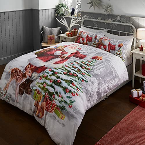 Sleepdown Illustrated Father Christmas Santa Present Reversible Soft Easy Care Duvet Cover Quilt Bedding Set with Pillowcases - Double (200cm x 200cm)