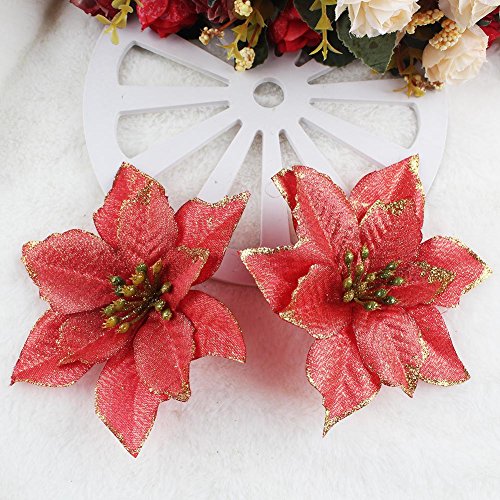 OurWarm 20pcs Christmas Artificial Flowers Red Poinsettia Christmas Tree Decorations Glitter