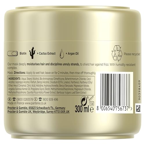 Pantene Hair Mask For Intense Frizz Ease And Frizzy Hair, Biotin, Argan Oil And Cactus Extract, Stop Frizz Before It Starts, Deeply Moisturises, Anti Frizz Hair Care Products, 300ml