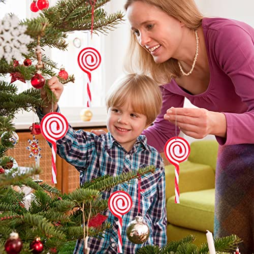 Christmas Lollipop Ornament 8Pcs, Christmas Decorations Candy Plastic Christmas Lollipop White And Red Stripe Candy For Xmas New Year Birthday Party Photo Prop Decor