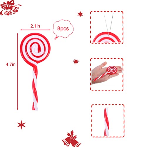 Christmas Lollipop Ornament 8Pcs, Christmas Decorations Candy Plastic Christmas Lollipop White And Red Stripe Candy For Xmas New Year Birthday Party Photo Prop Decor