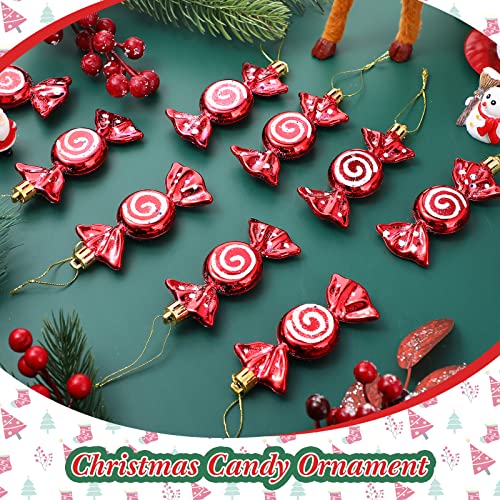 Threan 12 Pieces Christmas Candy Ornaments Hanging Glitter Candy Cane Ornaments Christmas Tree Candy Peppermint Ornaments with Golden Ropes for Xmas Party Home Decorations (Red)