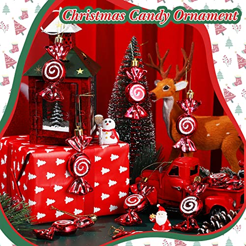 Threan 12 Pieces Christmas Candy Ornaments Hanging Glitter Candy Cane Ornaments Christmas Tree Candy Peppermint Ornaments with Golden Ropes for Xmas Party Home Decorations (Red)
