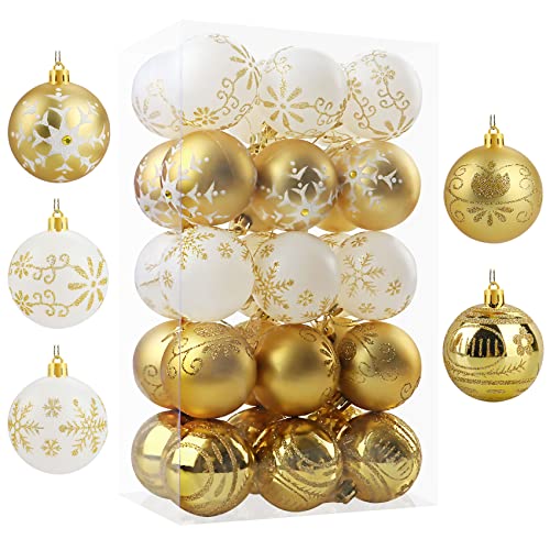 Christmas Tree Baubles Gold and White 6cm 30pcs, Shatterproof Christmas Baubles for Christmas Tree Decorations,