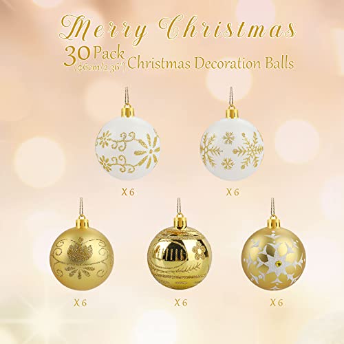 Christmas Tree Baubles Gold and White 6cm 30pcs, Shatterproof Christmas Baubles for Christmas Tree Decorations, 