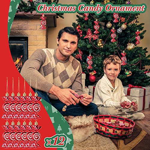 Threan 12 Pieces Christmas Candy Ornaments Hanging Glitter Candy Cane Ornaments Christmas Tree Candy Peppermint Ornaments with Golden Ropes for Xmas Party Home Decorations (Red)